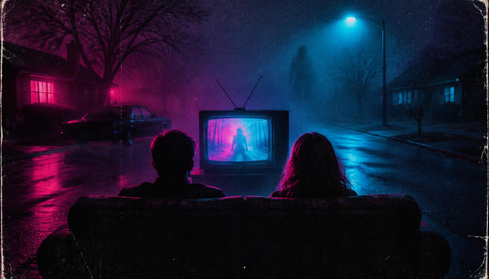 Two silhouettes watching a glowing TV on a foggy night